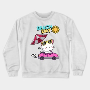 Cute White Angora Cat driving to the beach in summer Crewneck Sweatshirt